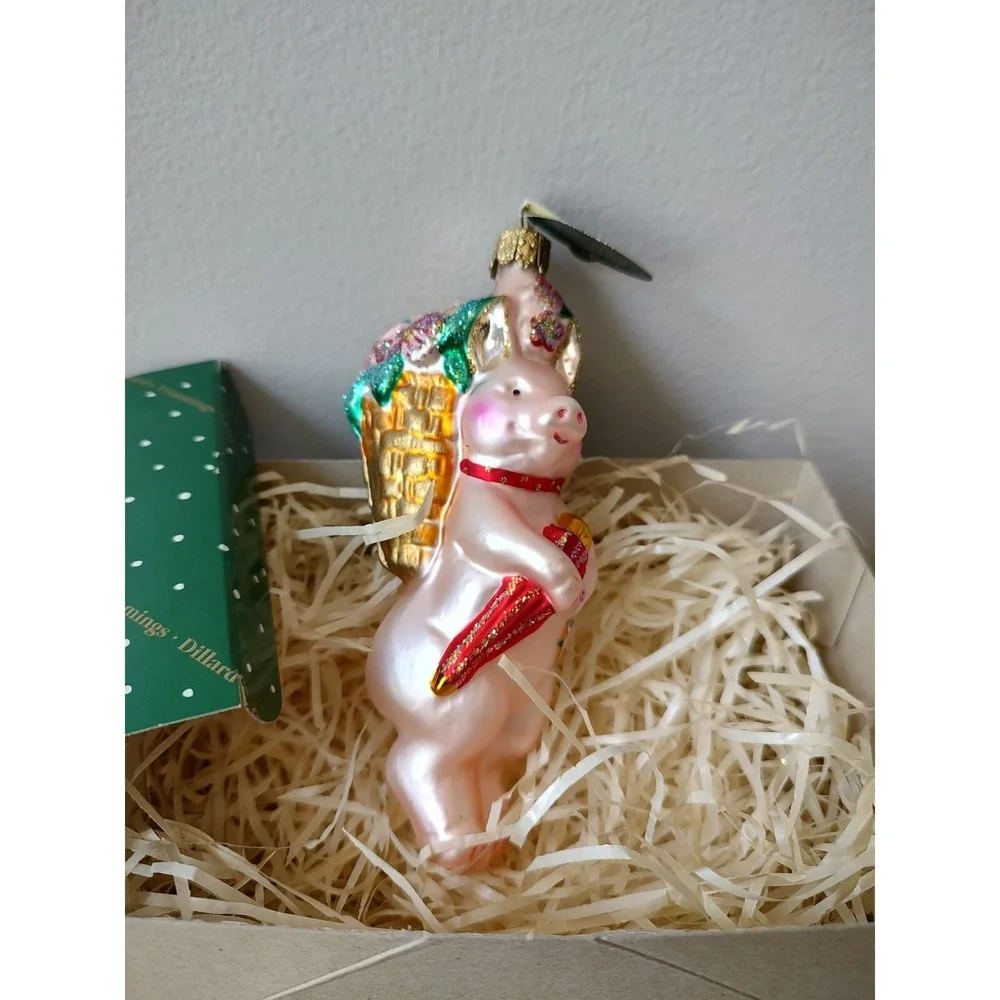 Christborn glass Christmas ornament w/ box Pig flower‎ basket